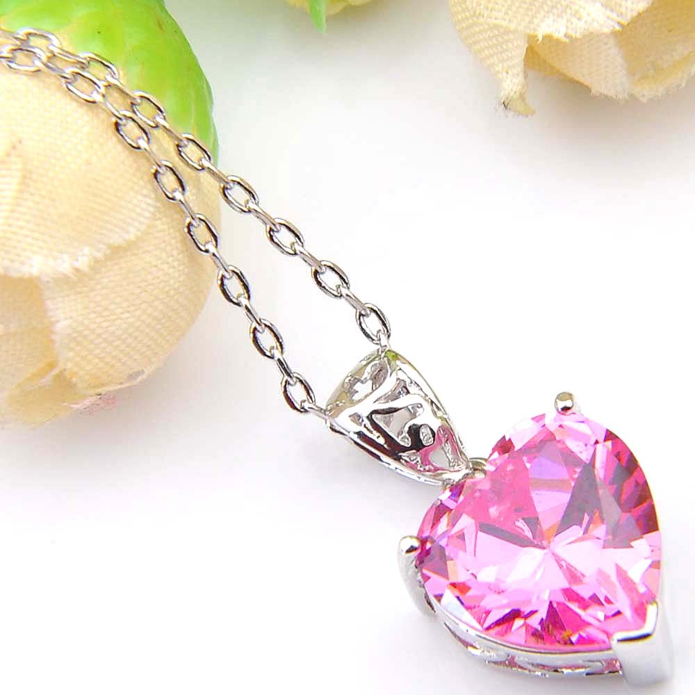 Heart-shaped Natural Pink Topaz Gemstone Silver Lady Necklace Pendant With Chain