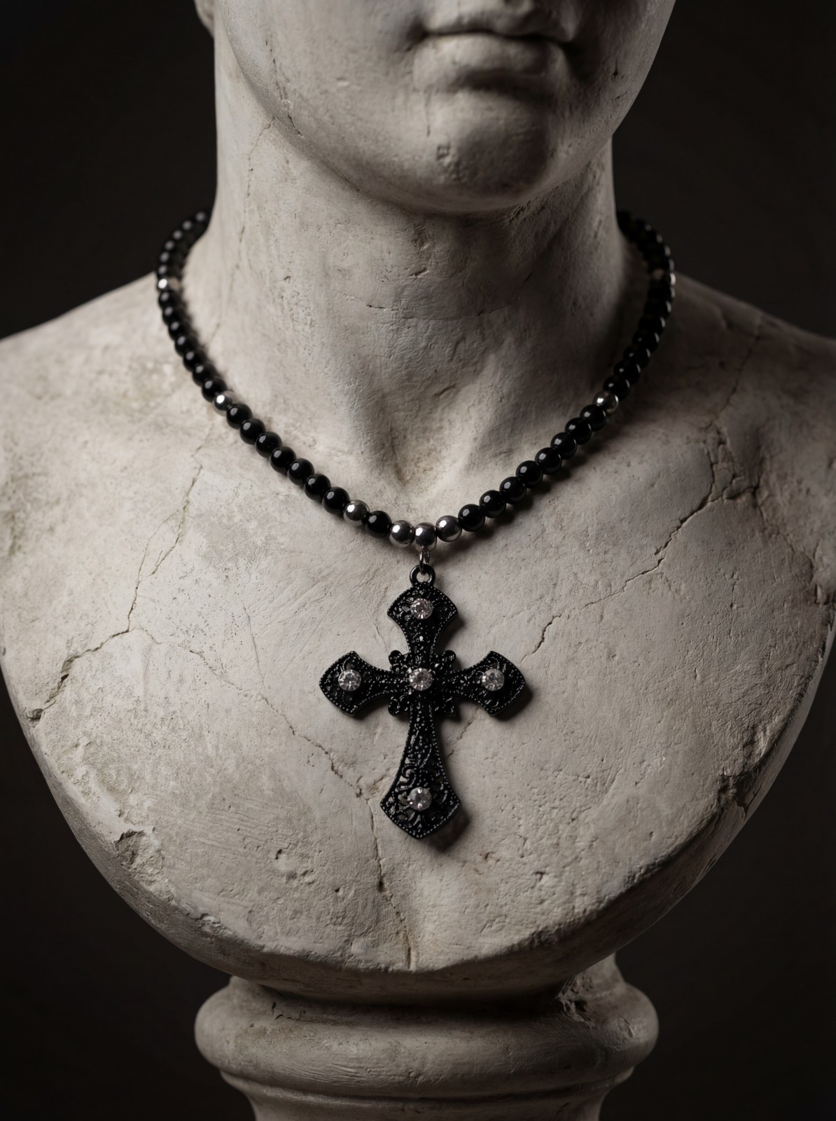 Goth Cross Beaded Necklace, Black Beaded Rosary Style Necklace