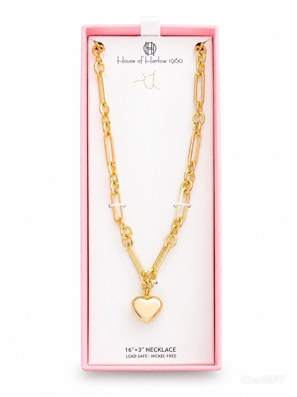House of Harlow 1960 Gold Heart Charm Link Necklace