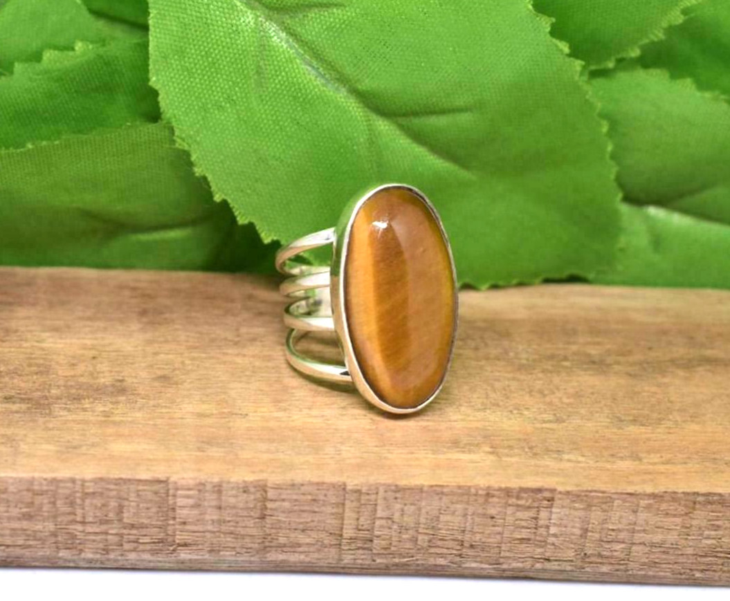 Simple Tiger Eye Ring 925 Silver Oval Gemstone Jewelry Triple Band Ring Gift Her