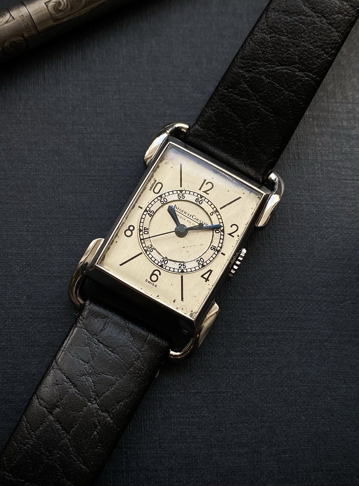 1933 Jaeger-LeCoultre Uniplan Art Deco fancy lug central second steel tank watch