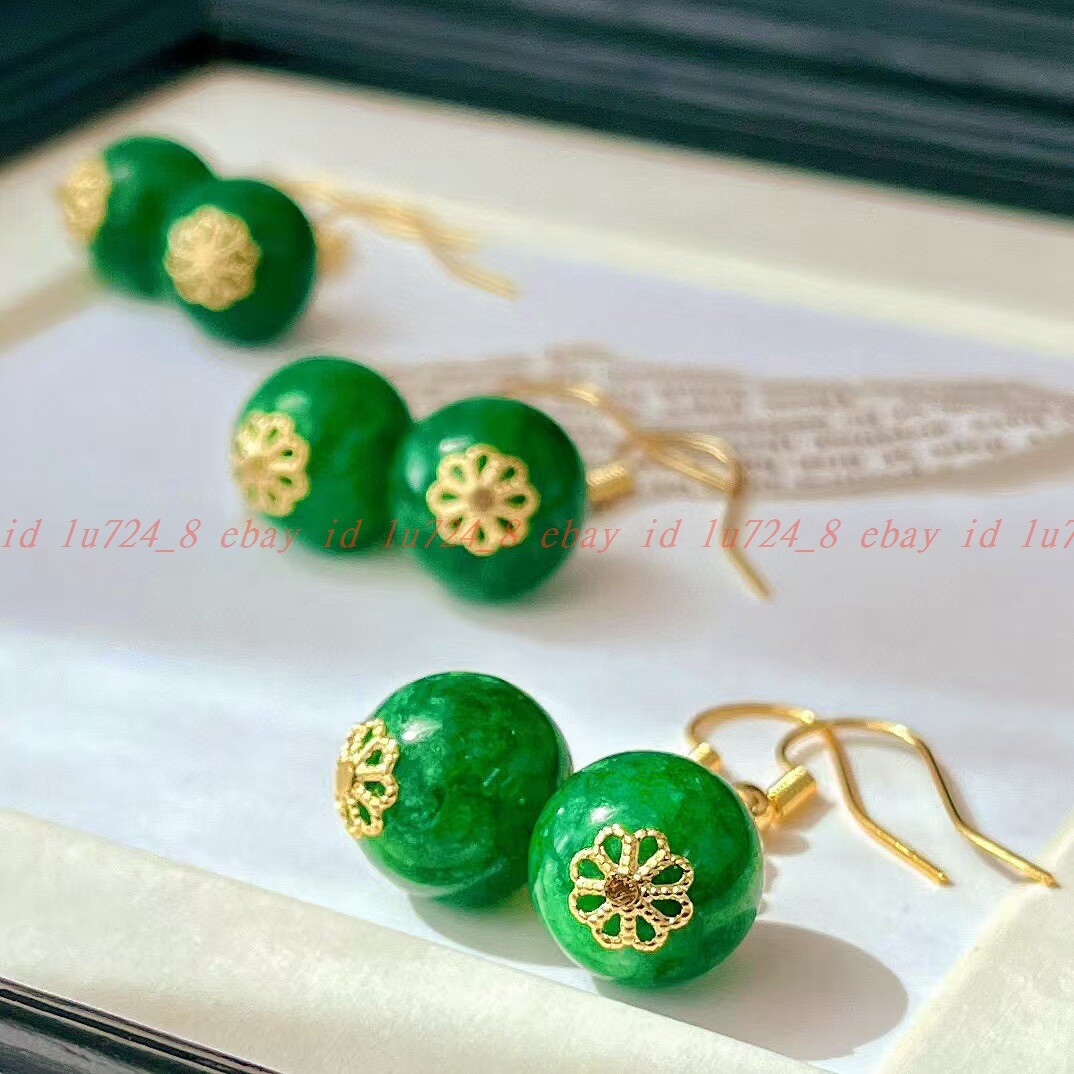 12mm Green Jadeite Rund Gemstone Floral Healing Dainty Earrings for Women