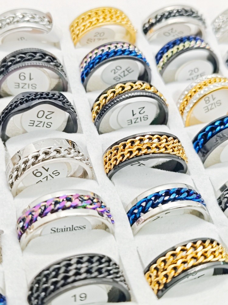 36 Pcs Rotatable Chain Punk Steel Ring Set Stress Relief Unisex Daily Jewelry