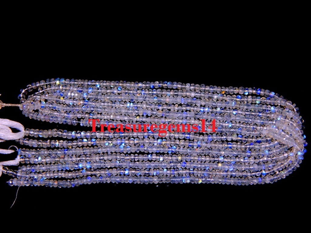 3-4 mm. NATURAL BLUE FIRE RAINBOW MOONSTONE FACETED RONDELLE BEADS 13″ STRAND
