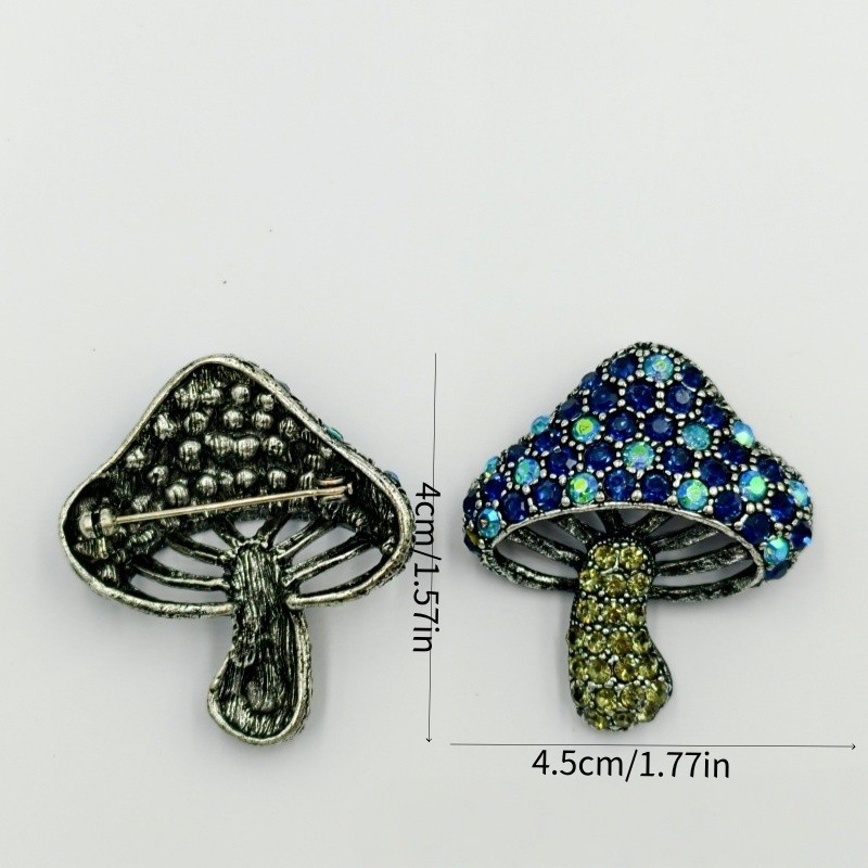 2Pcs Retro Mushroom Brooches, Glittering with Green and Blue Gemstones