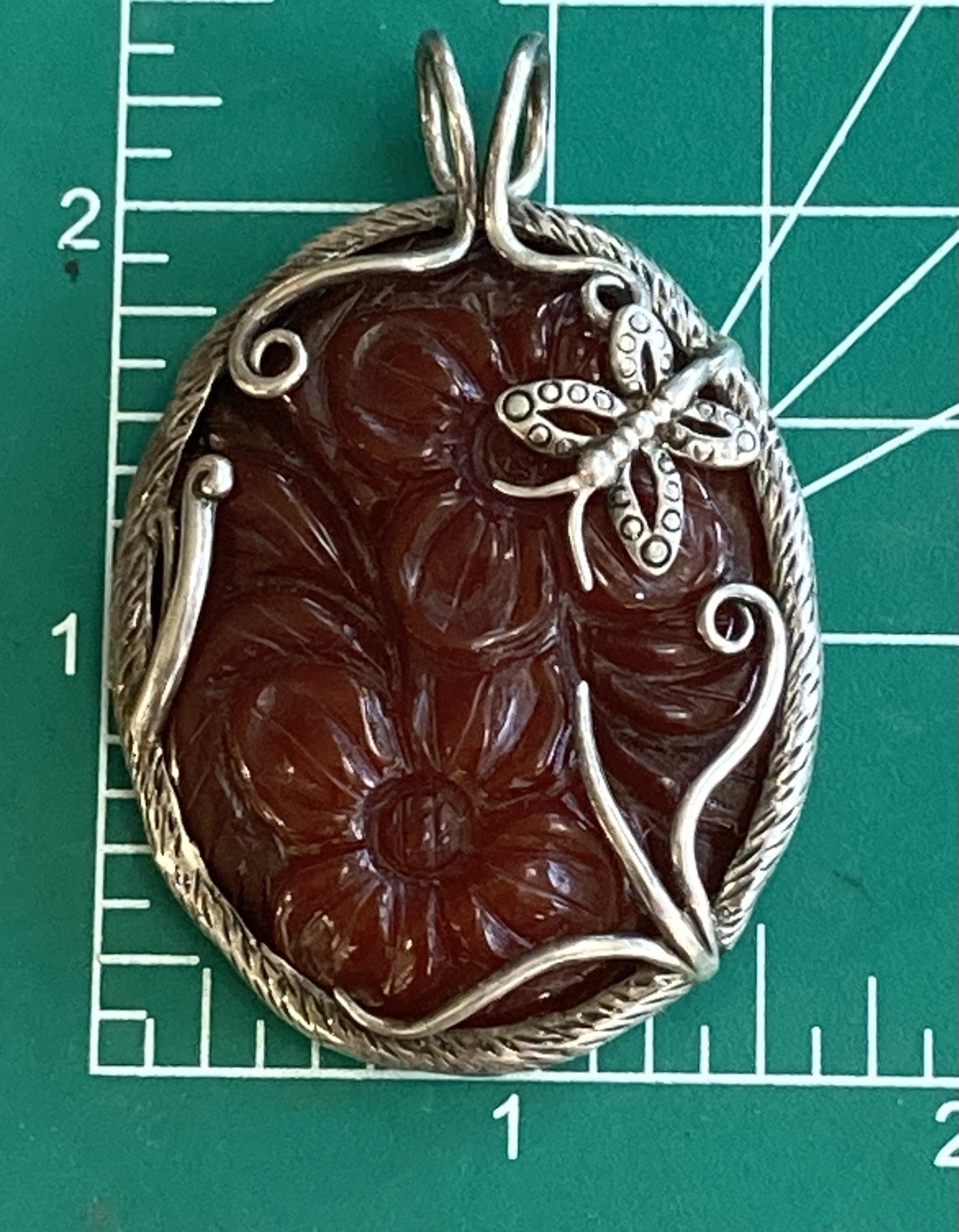 Carnelian Agate Butterfly Flower Big PENDANT Sterling Silver 925 Red Necklace