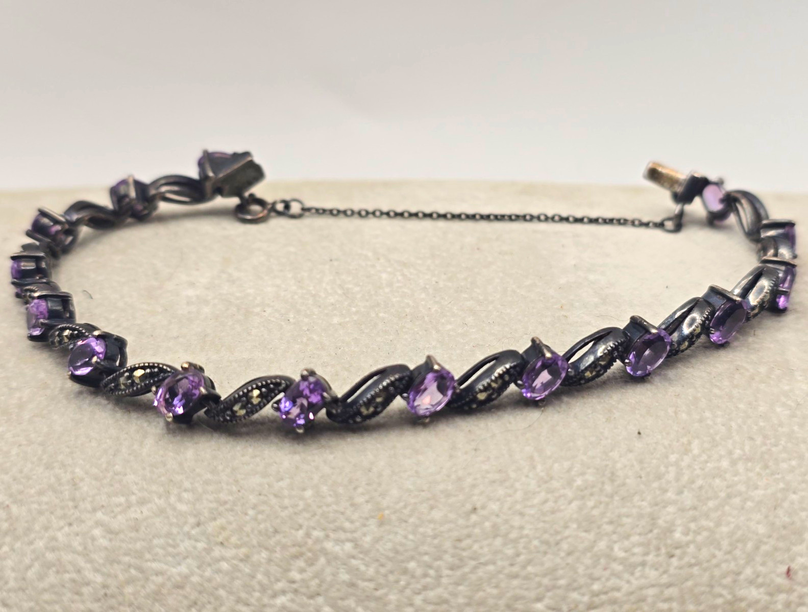 Vintage Thailand 925 Sterling Silver Amethyst & Marcaasite Tennis Bracelet 7″