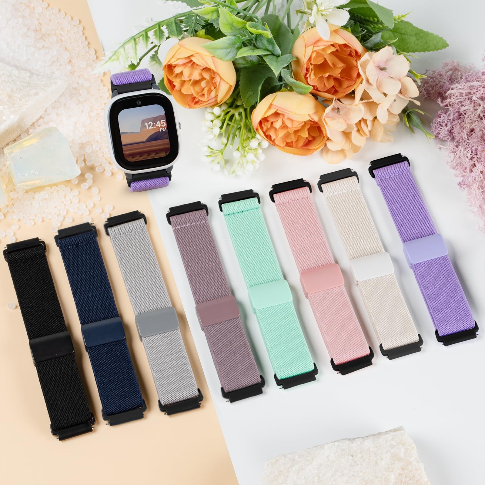 Splash-Proof Stretchy Nylon Watch Bands Compatible 7.45 inches, Purple+Pink