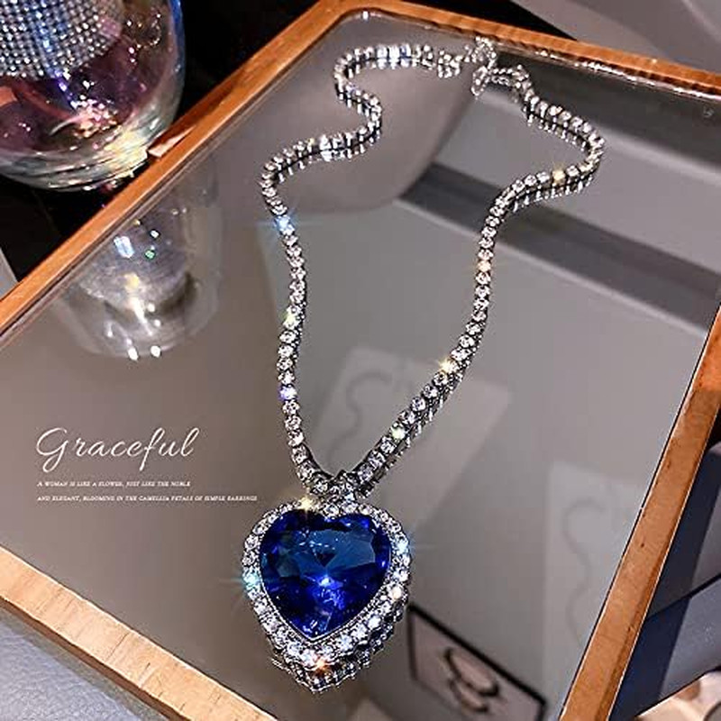 Titanic Heart the Ocean Simulated Blue Sapphire, Silver Necklace Pendants Jewelr