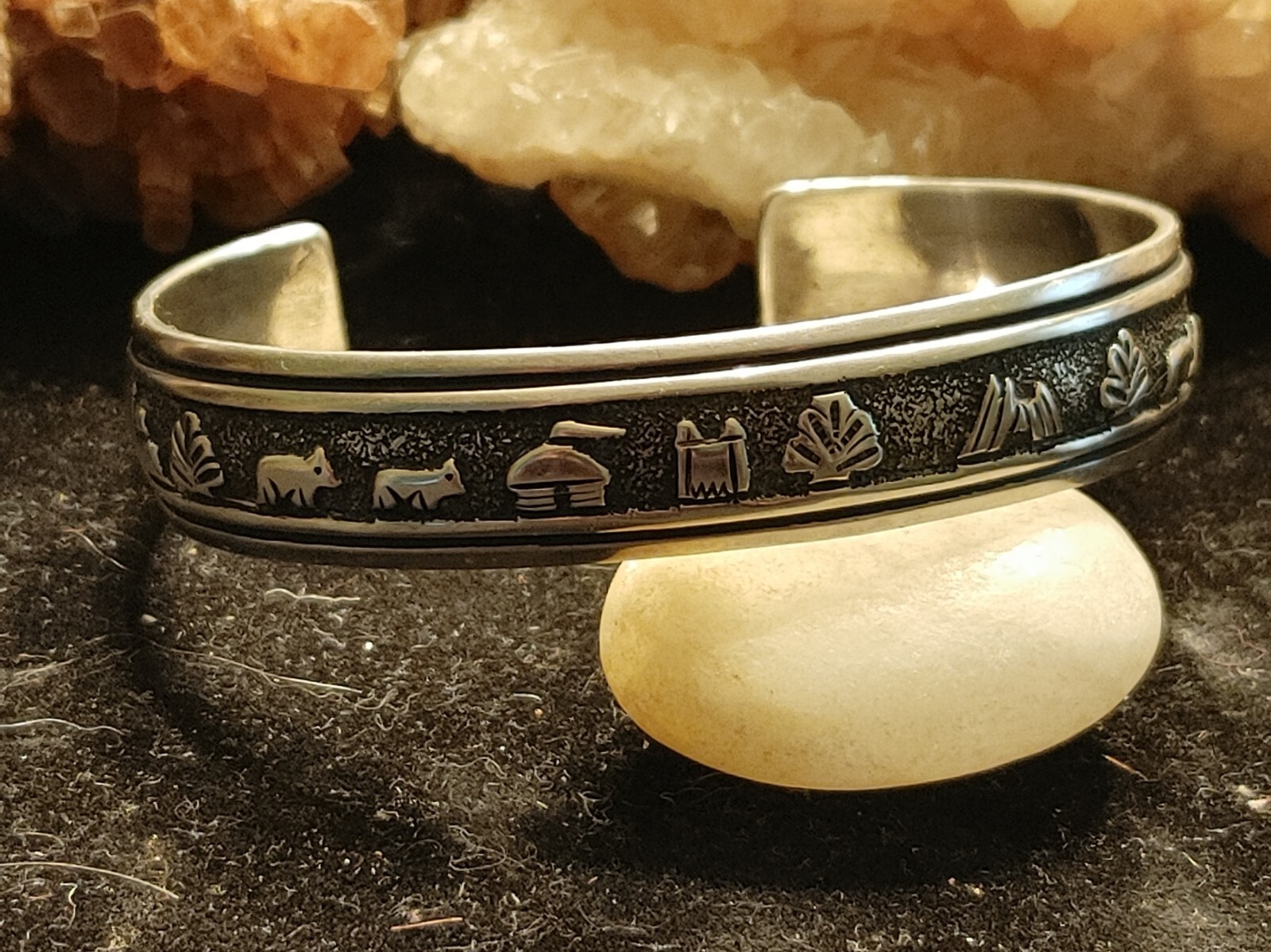 Tommy Singer Navajo, Sterling Silver Overlay Storyteller Cuff Bracelet