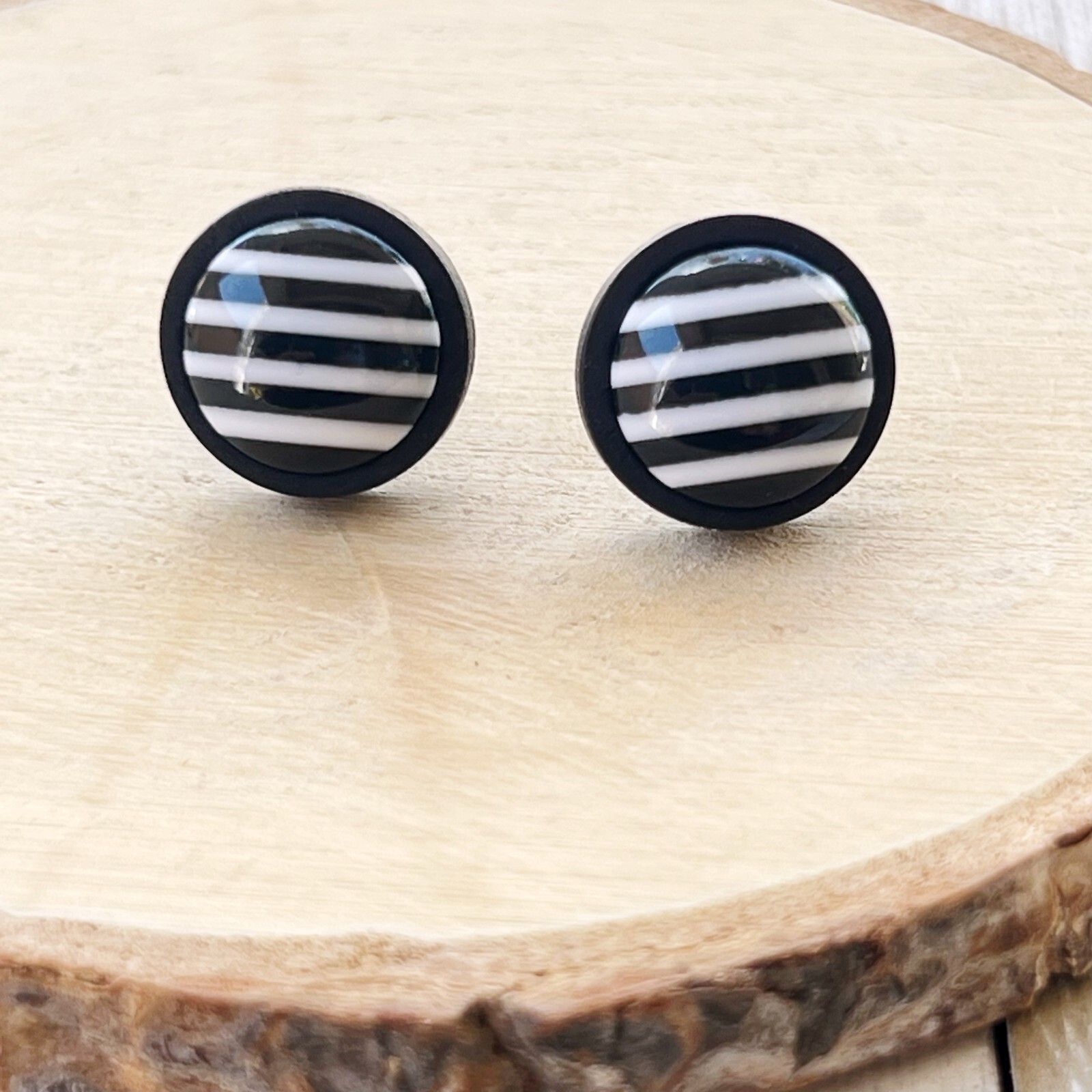 Black and White Striped Stud Earrings Black Wood Stainless Steel Post Earrings