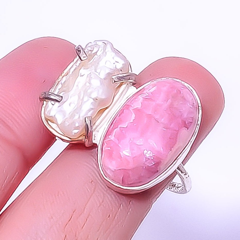 Rhodochrosite – Argentina & Biwa Pearl Handmade Silver Plated Ring s.8 A334