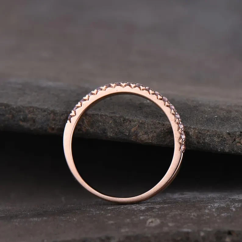 14K Rose Gold Plated Round Cut Morganite Stackable Half Eternity Band Ring