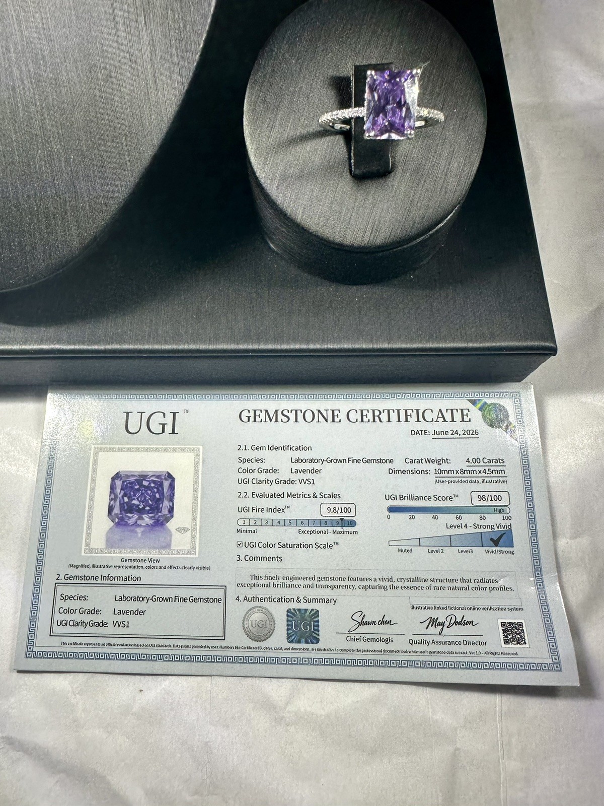 New W/ Certificate 4ct Lavender Radiant Lab Gem Ring,Moissanite Halo, S925 Sz. 8