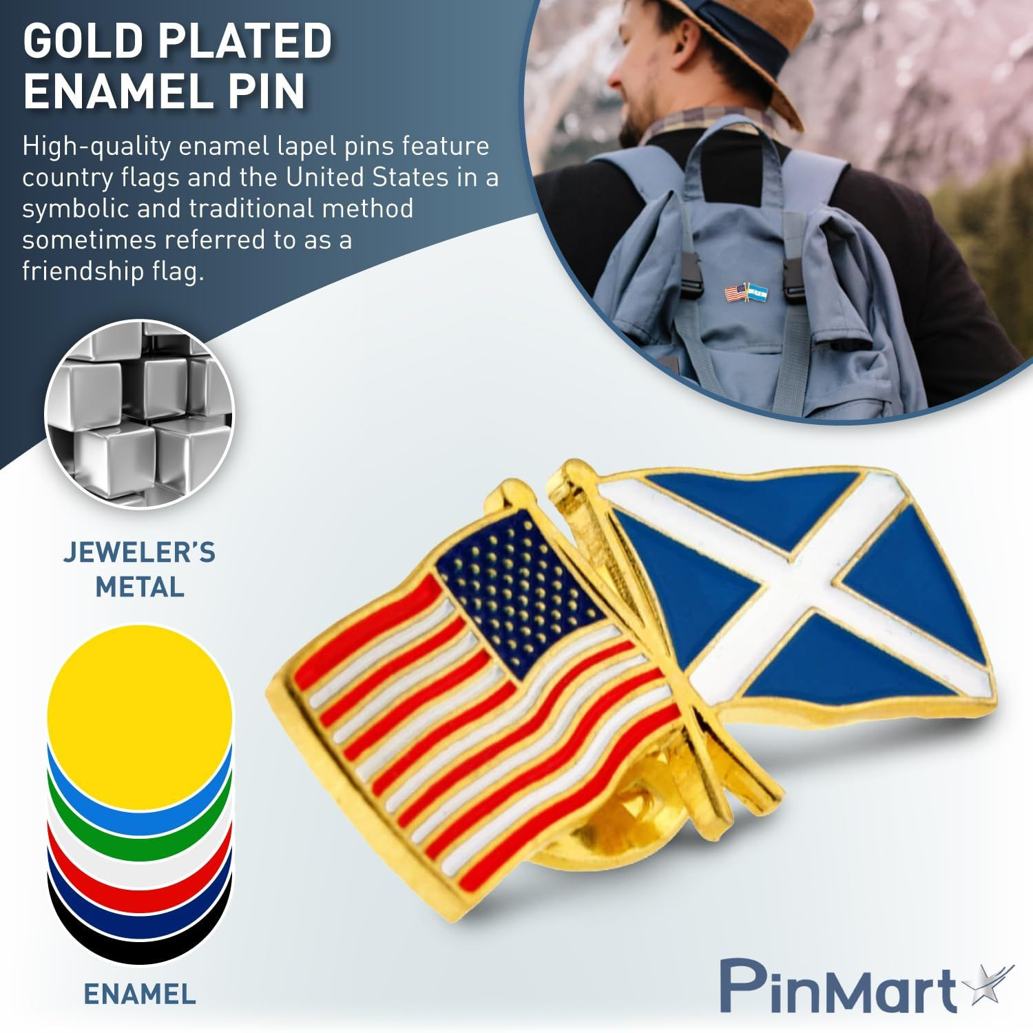 PinMart Crossed American Flag Lapel 1 Piece, United Kingdom Gold-Color Plated