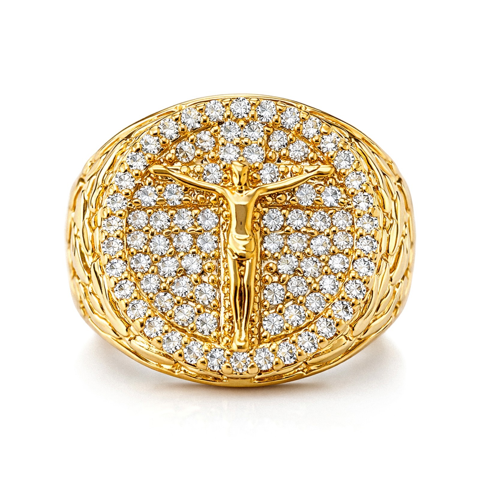 Italian 1/200 14k Yellow Gold Jesus Crucifix Iced CZ Nugget Ring Men Women