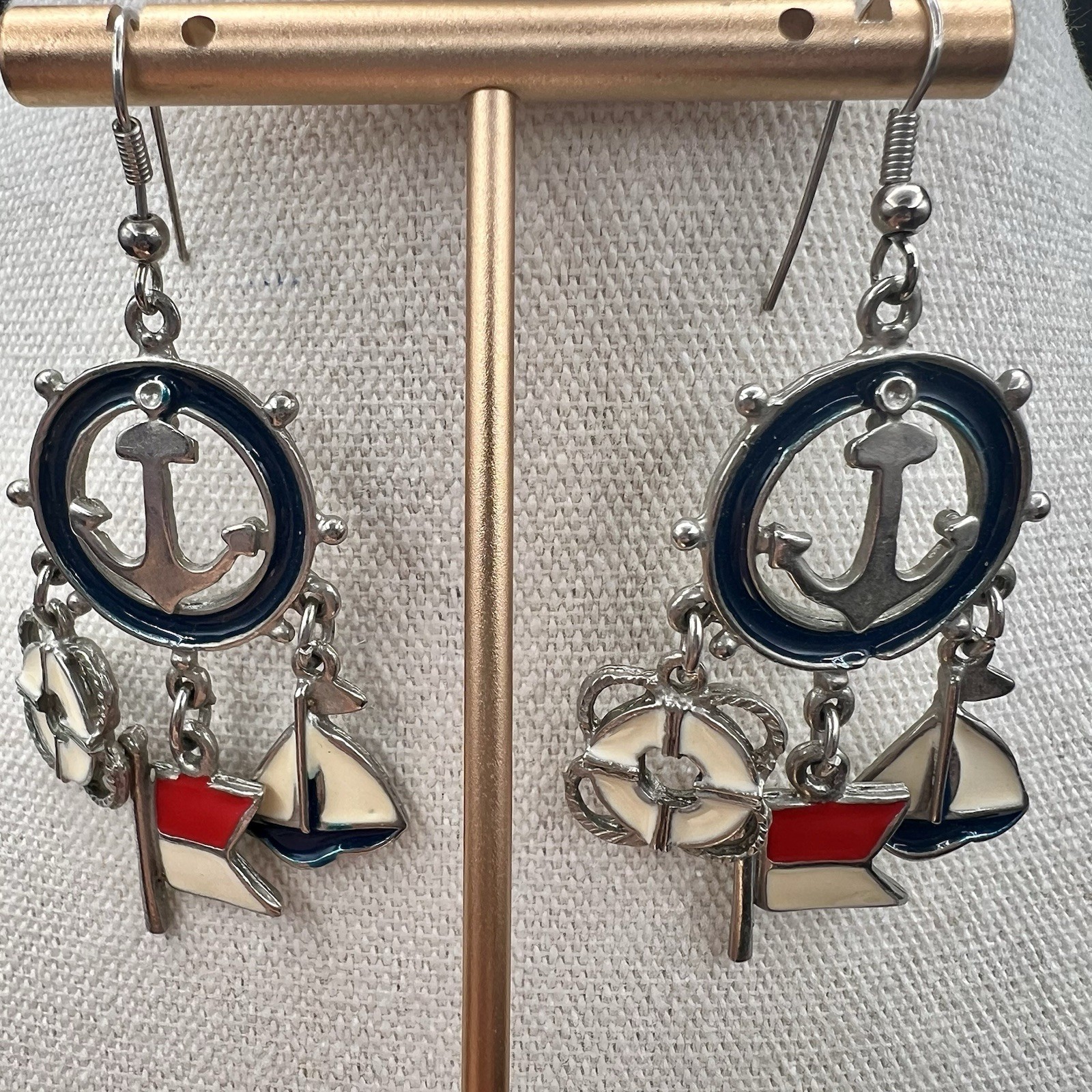 Nautical Charm Dangle Earrings Anchor Sailboat Flag Enamel Coastal Beach Sailing