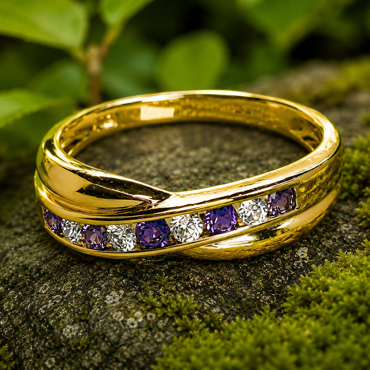 1Ct Round Lab Created Amethyst Wedding Band Ring 14K Yellow Gold Plated Silver