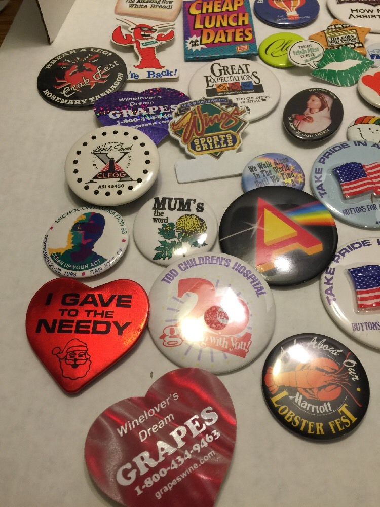 Large Lot Buttons/pins Jetsons Patriotic Misc. Over 60 Buttons