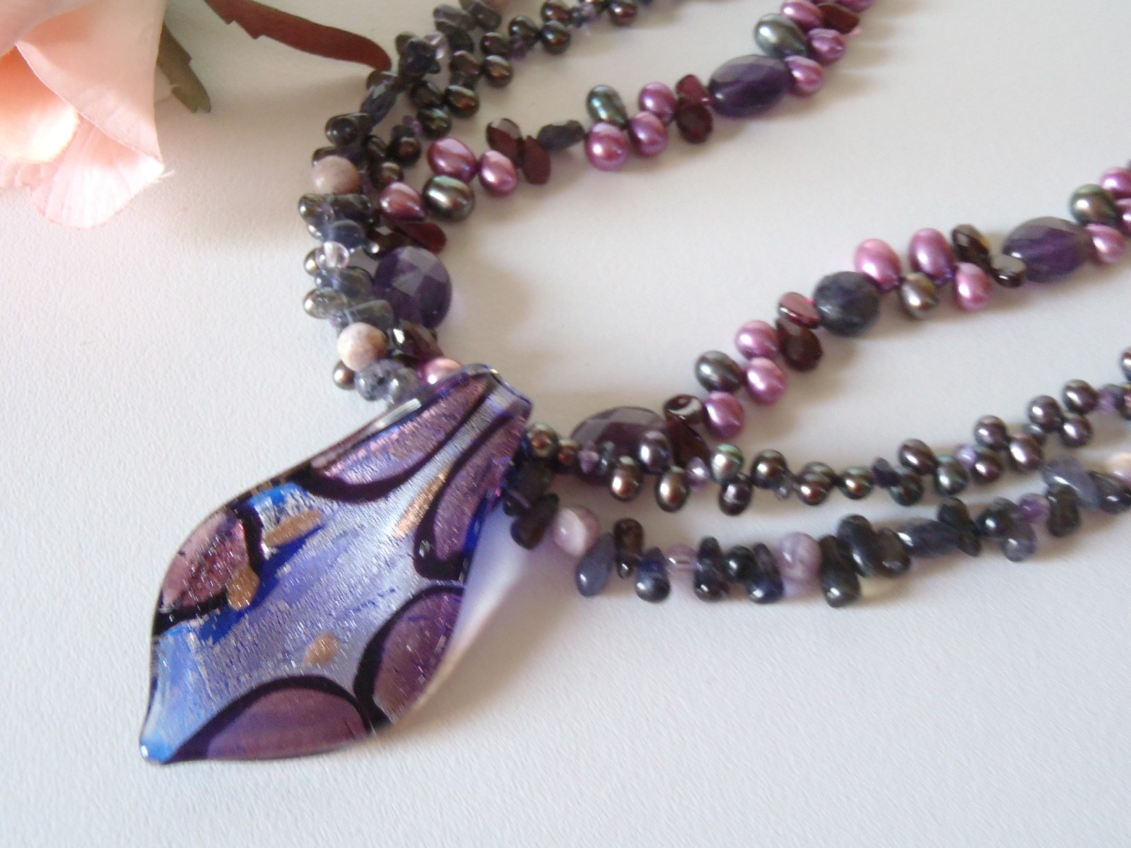 Shades of Purple Glass & Pearl Beaded Triple Strand Necklace Art Glass Pendant