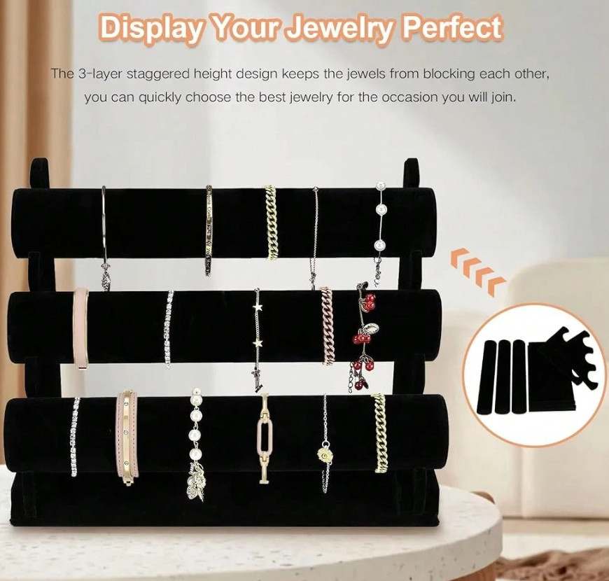 Velvet Bracelet Holder 3 Tier – Black Jewelry Display Stand for Watches Bangles