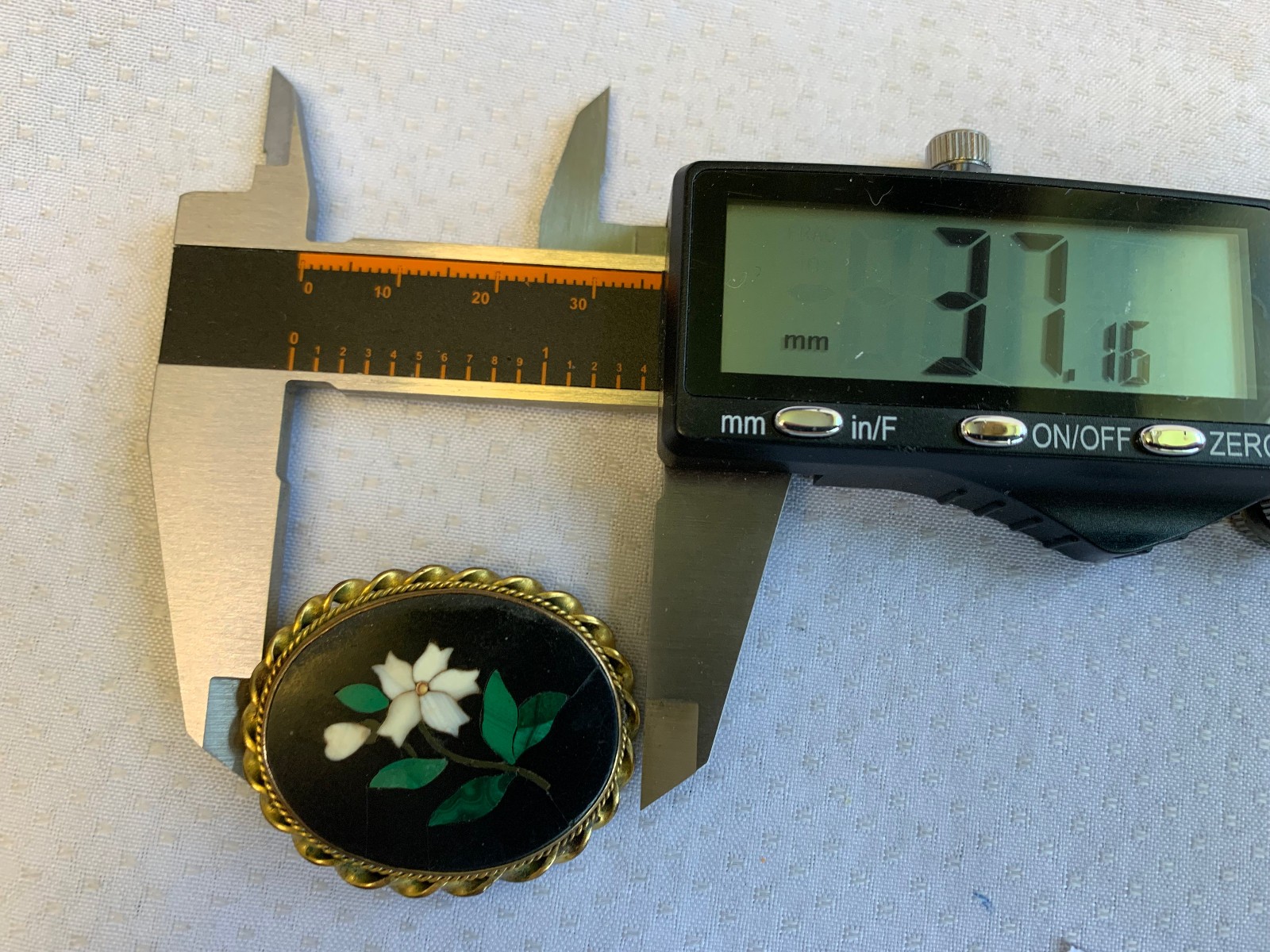 Antique Pietra Dura Brooch Costume Jewelry White Flower Floral Stone Inlay Pin