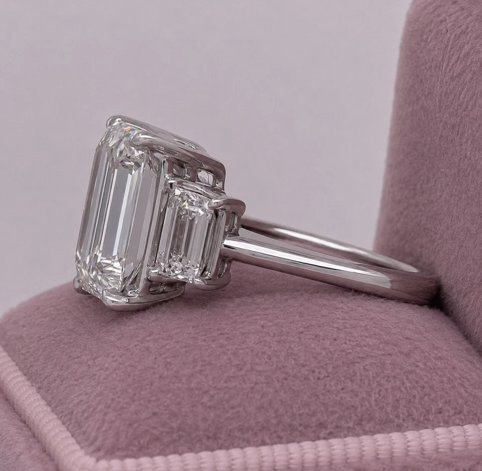Diamond Ring Emerald Cut 14k White Gold Lab Grown IGI Certified 8 Ct VVS E F