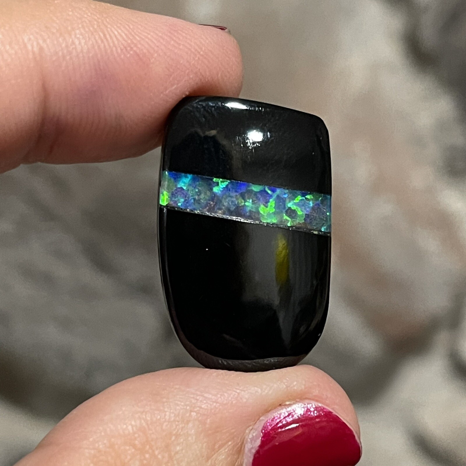 29ct 27.4c17.2×6.2mm Black Onyx And Lab Created Opal Inlay Intarsia Cabochon