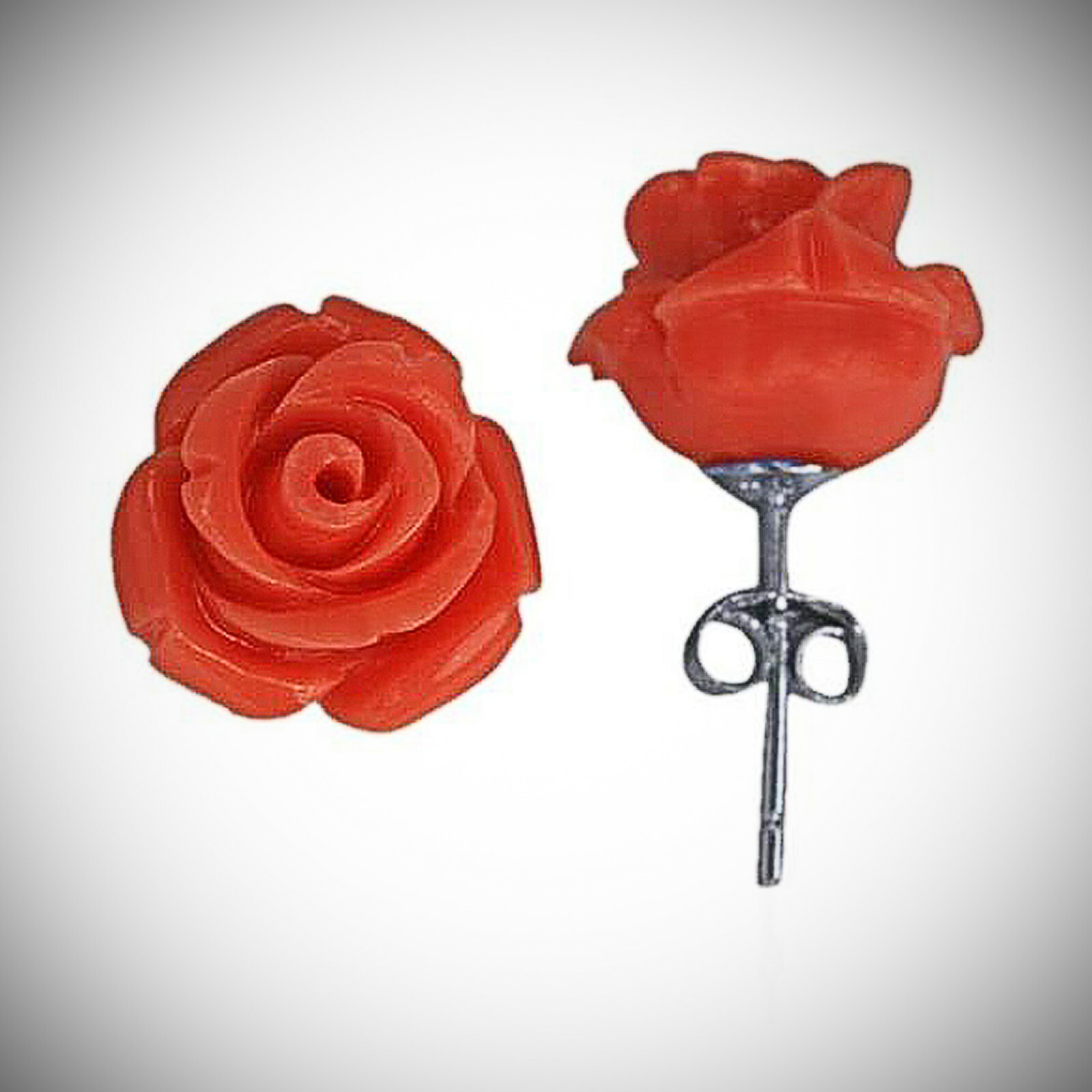 11mm “Coral Red” Rose Earrings in SOLID Sterling Silver – LOWER PRICE!