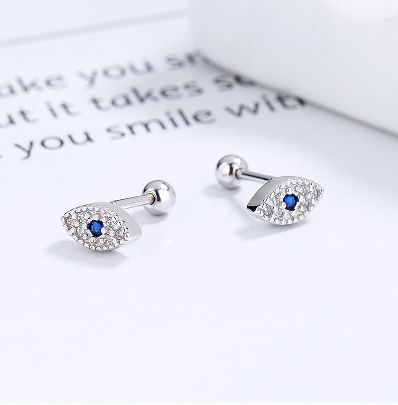 EVIL EYE SCREW BACK STUD EARRINGS BLUE WHITE CZ SILVER Plated III7