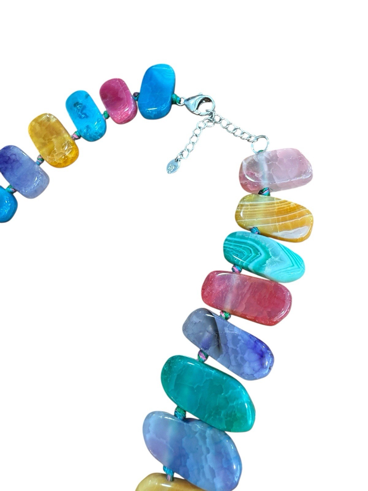 LUC CN 925 Sterling Agate Stone Necklace 19.5” Bright Multicolor Colorful Pop