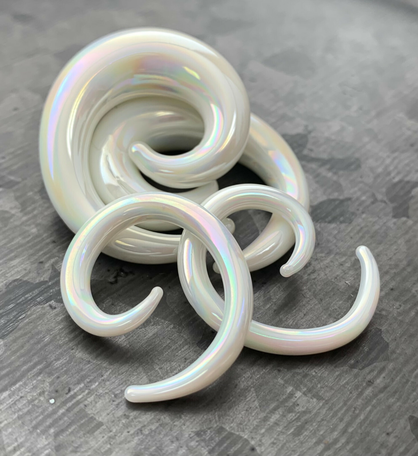 PAIR White Lucifer Glass Spiral Tapers Expanders Plugs Gauges Body Jewelry
