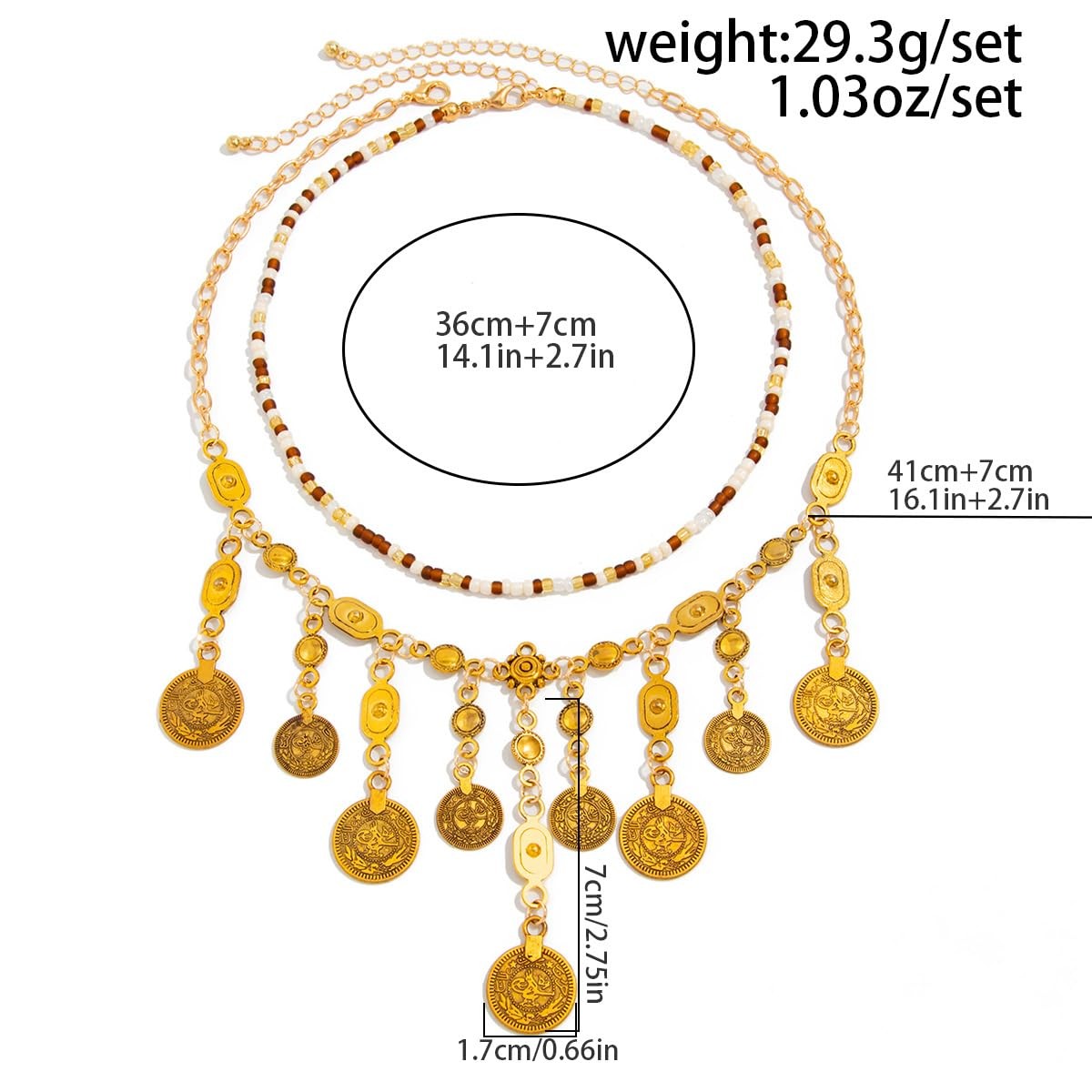 Layered Coin Pendant Necklace for Women, Gold Beaded Boho Statement Necklace,…