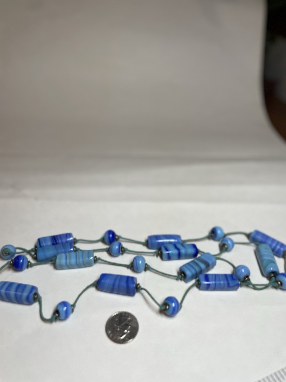 Vintage Handmade Artisan Light Blue & Navy Glass Bead Necklace – Approx 20″
