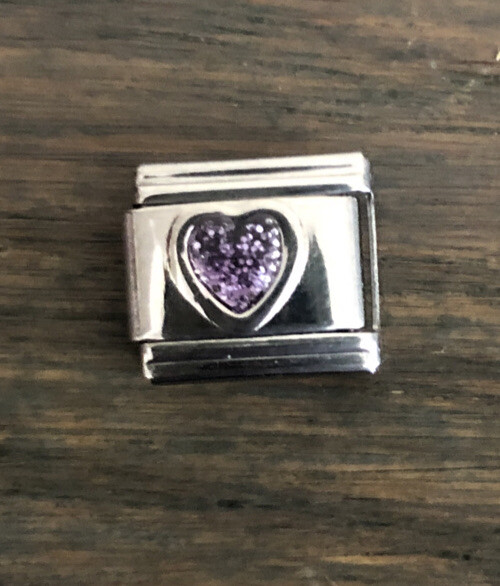 NOS Sparkly Purple Heart Italian Charm Modular Bracelet Link 9mm