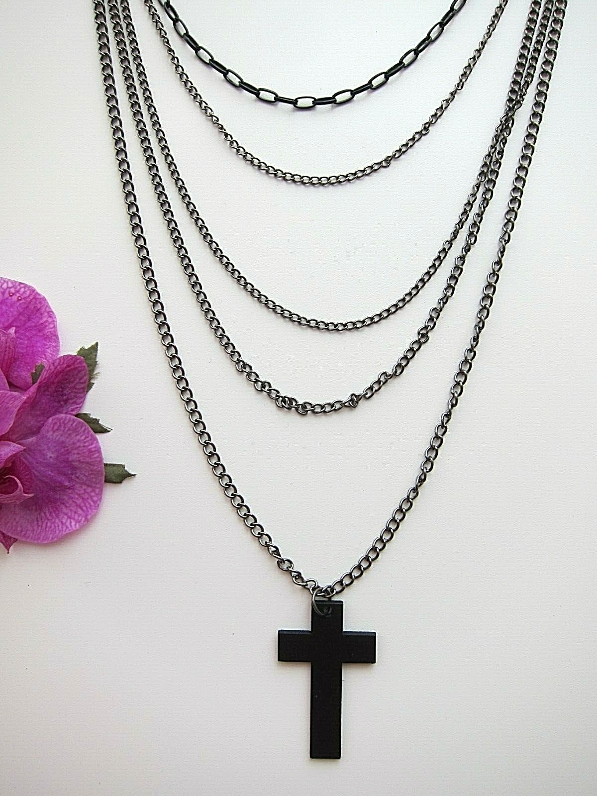 Black Gunmetal Multi- Chain Multiple, Various Length Chain Necklace with Cross.