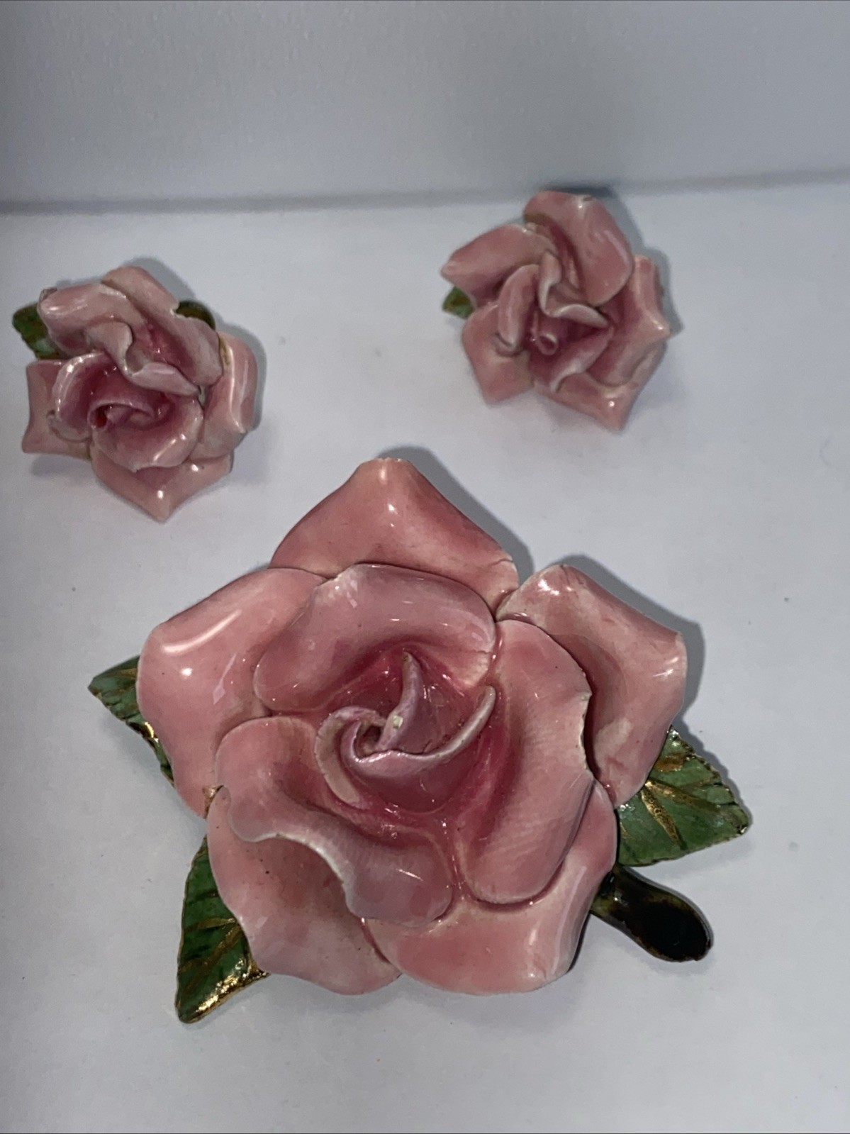 Vintage Ceramic Large Figural Pink Rose Enamel With Matching Earrings Set.