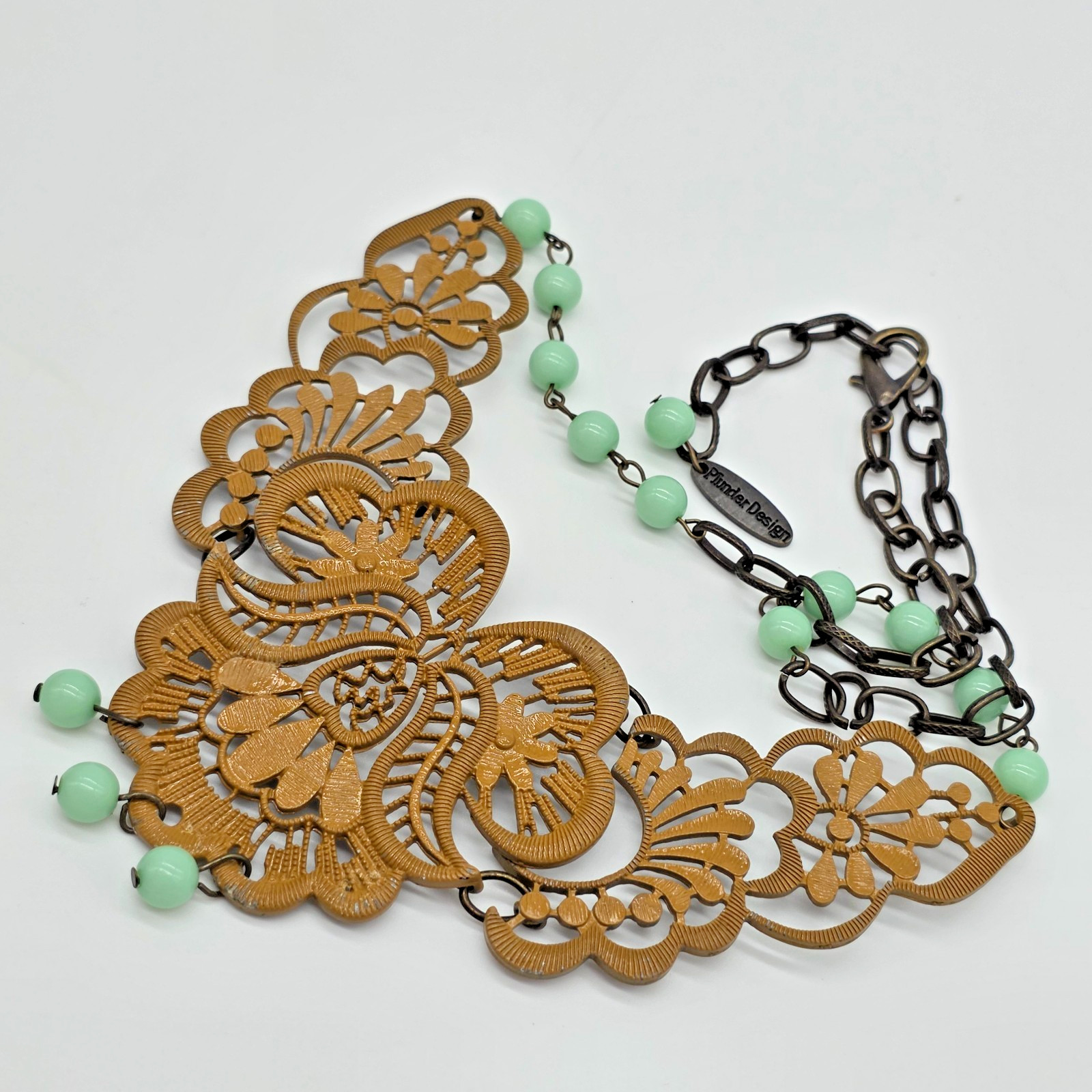 Plunder MAIZIE Bib Necklace Mustard Yellow Floral Lace Mint Green Beads 22”