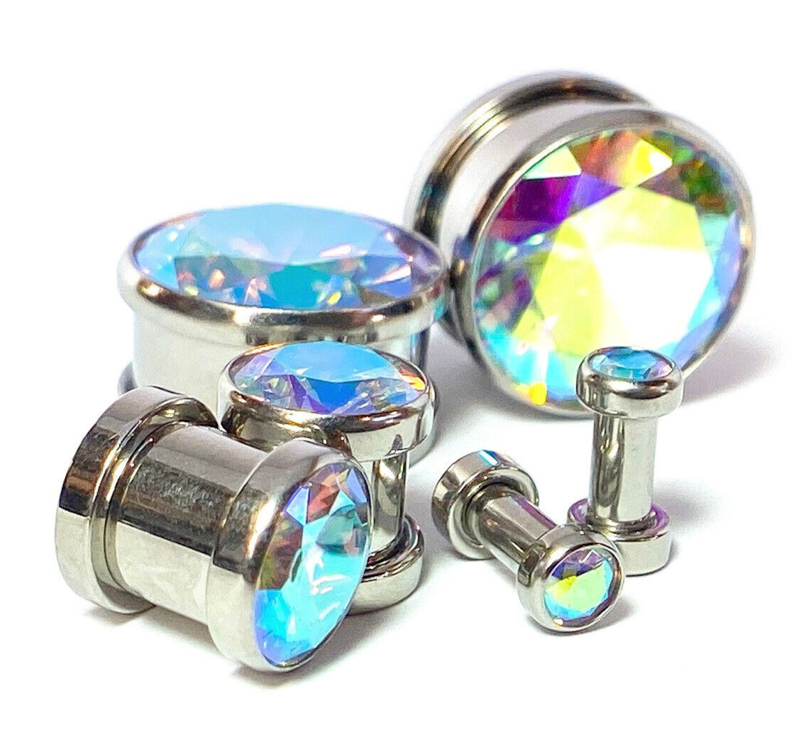 PAIR Large Aurora Borealis Gem Screw Fit Tunnel Plug Gauge Body Jewelry Piercing