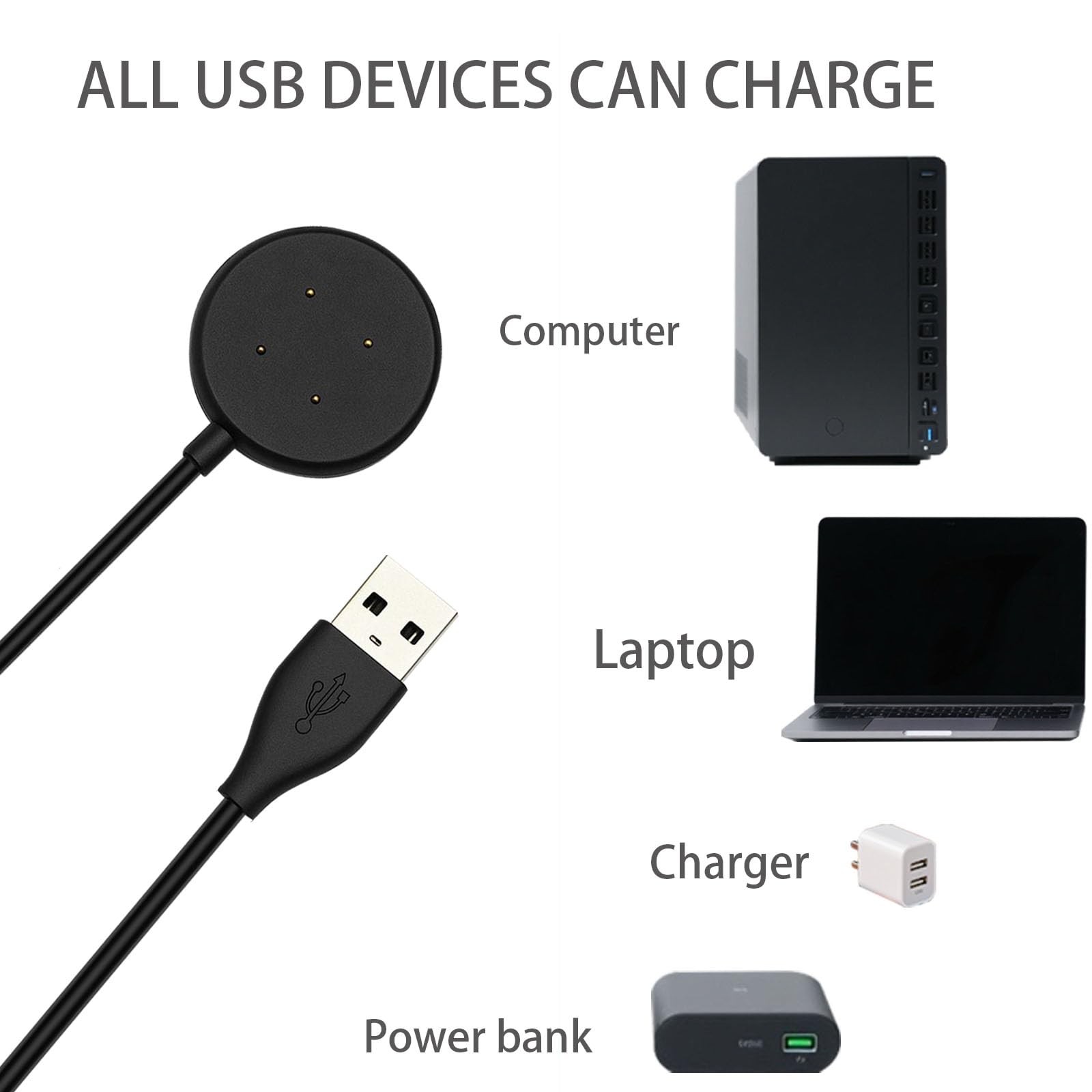 Charging Cable Adapter 3.3 feet 2 USB-A Type-C Ports for Pixel Watch 3, 2,
