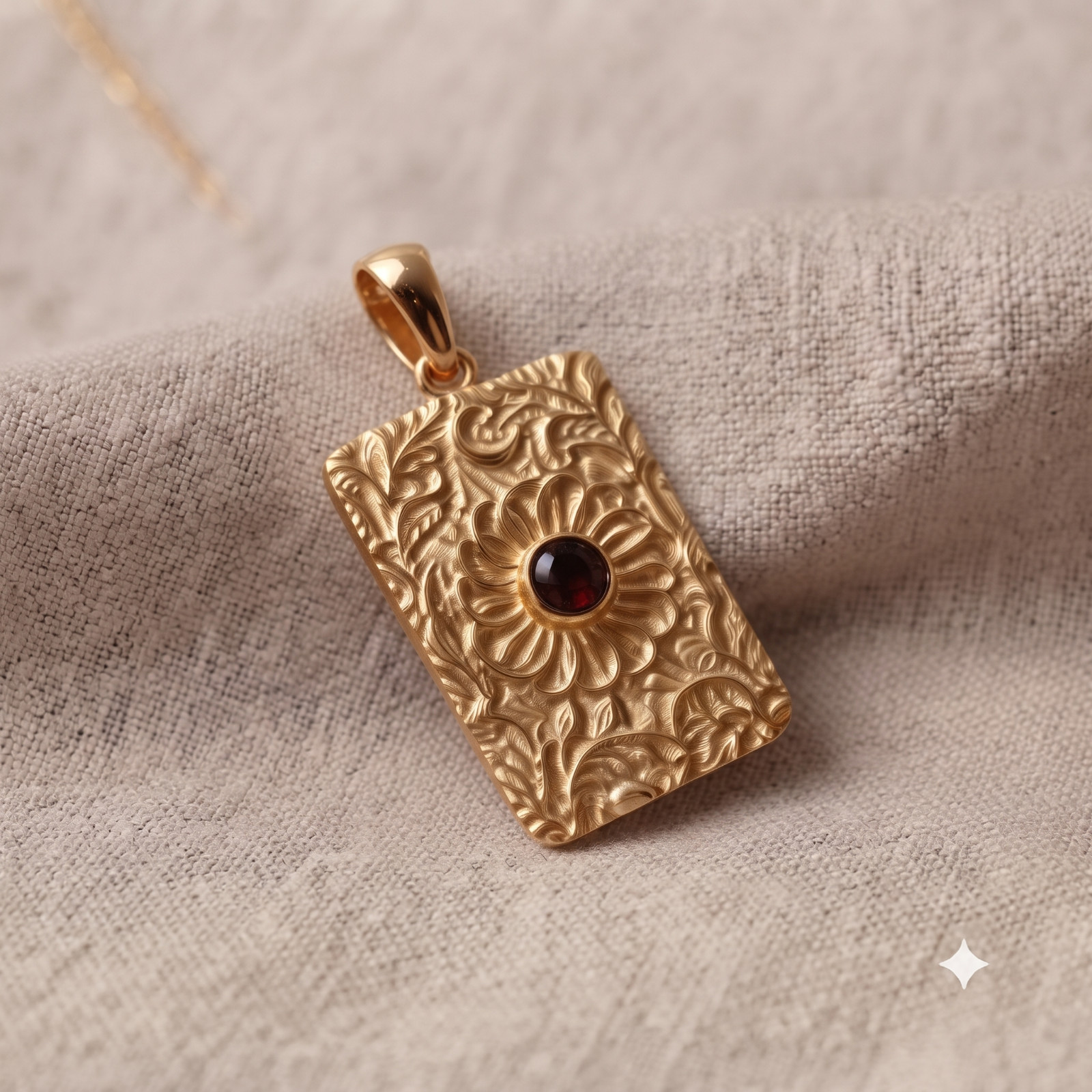 Gold Floral Rectangle Pendant Necklace, Sterling Silver Celestial Flower Charm