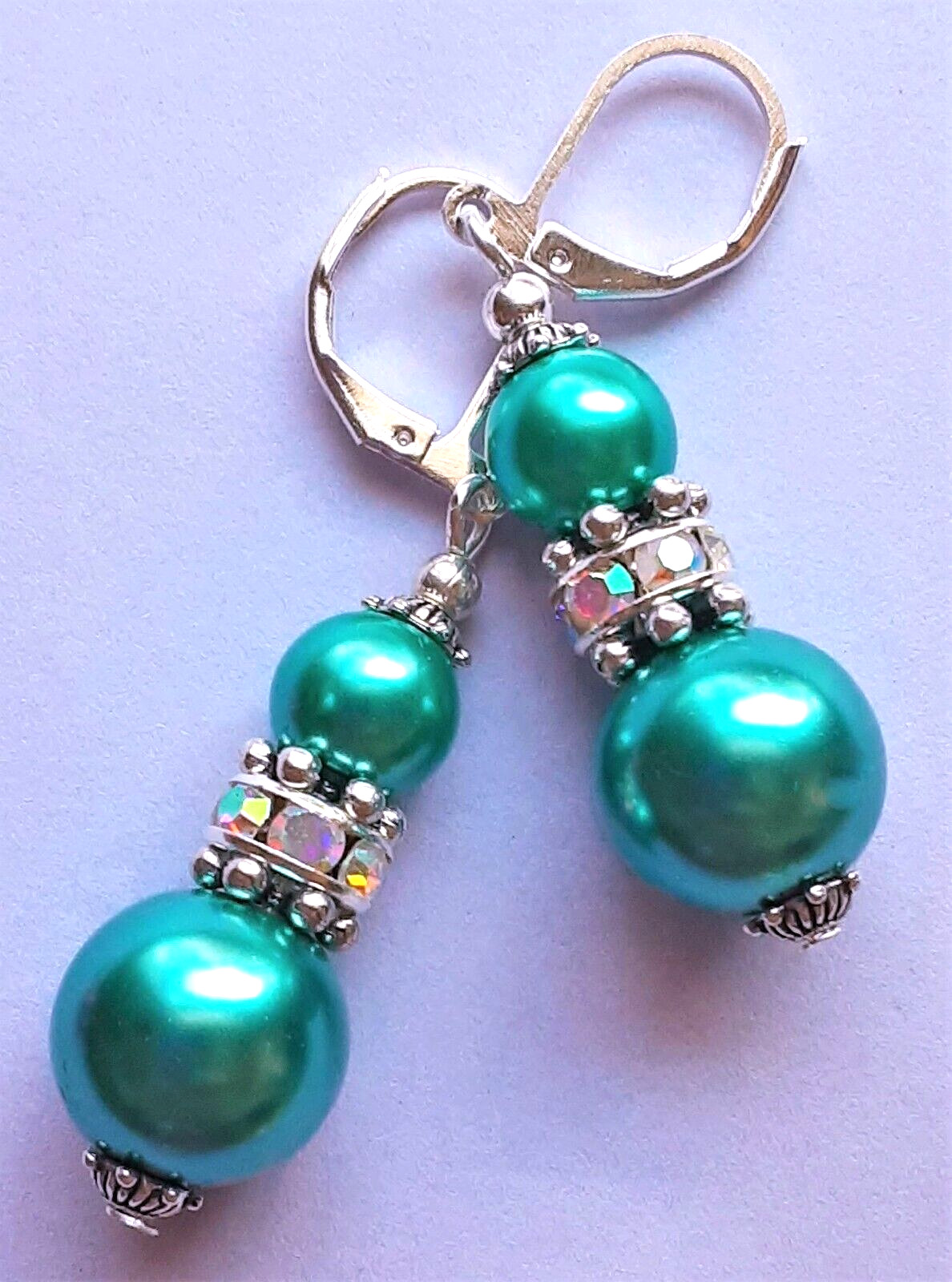double AQUA GLASS PEARL AB Rhinestone earring SP Leverback handcrafted WPGL6