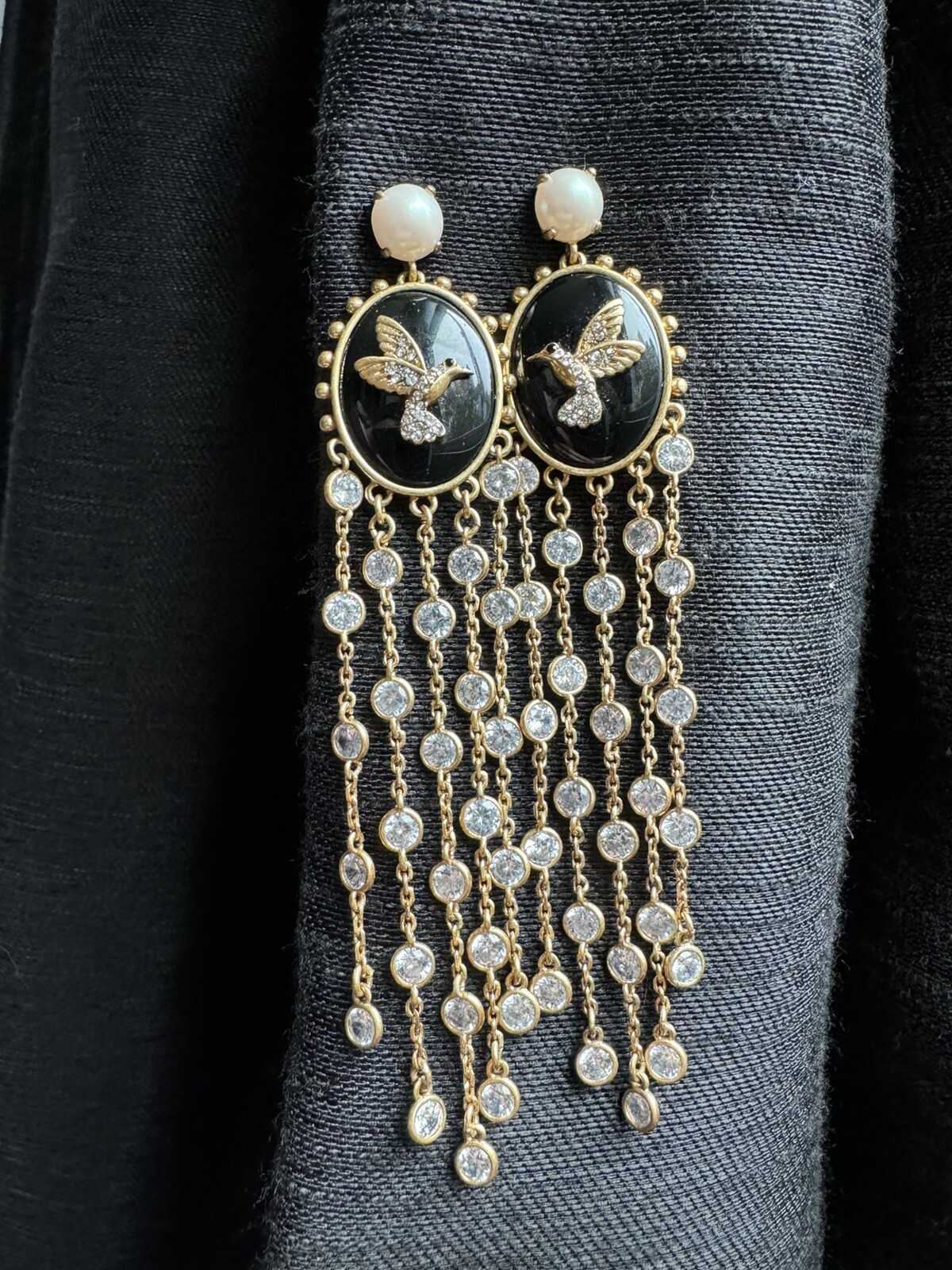 Kate Spade Humming Bird Black & Faux Pearl Grandmas Closet Statement Earrings