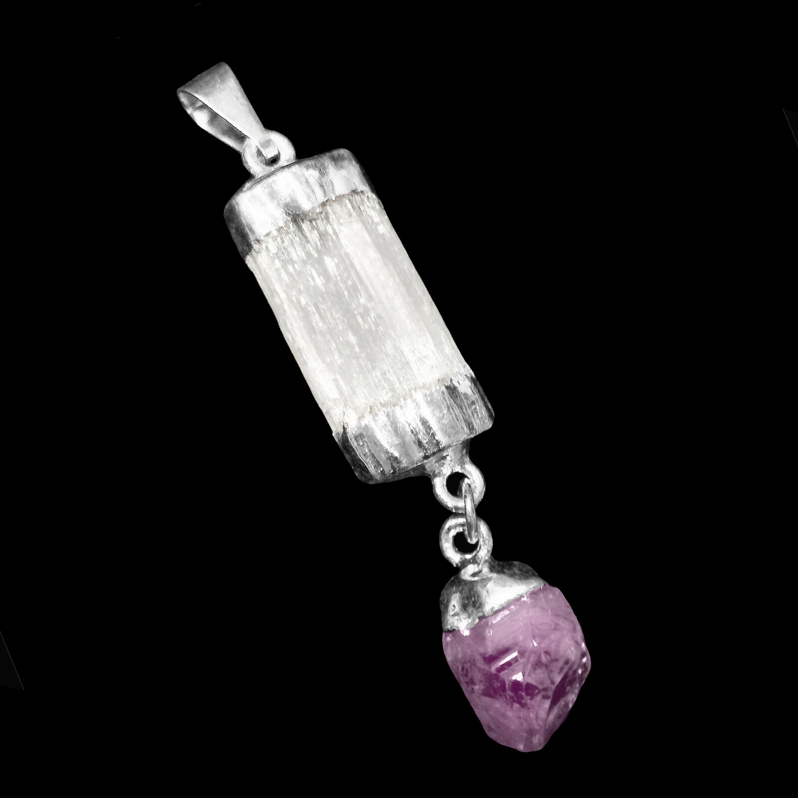Selenite Amethyst Chakra Crystal Pendant CHARGED 925 Sterling Silver Necklace He