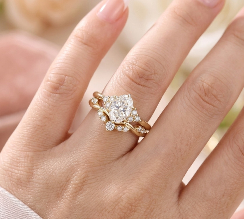 2.30 Ct Oval Cut EF/VS1 Lab Grown Diamond Curve Wedding Ring Set 14K Yellow Gold