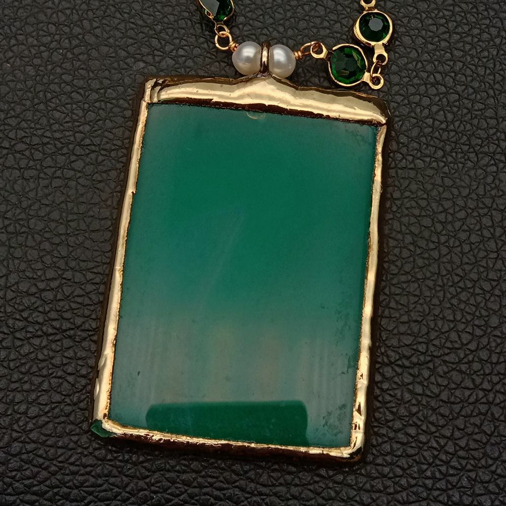 5 Strands 18” White Pearl Green Crystal Chain Necklace Green Agate Pendant