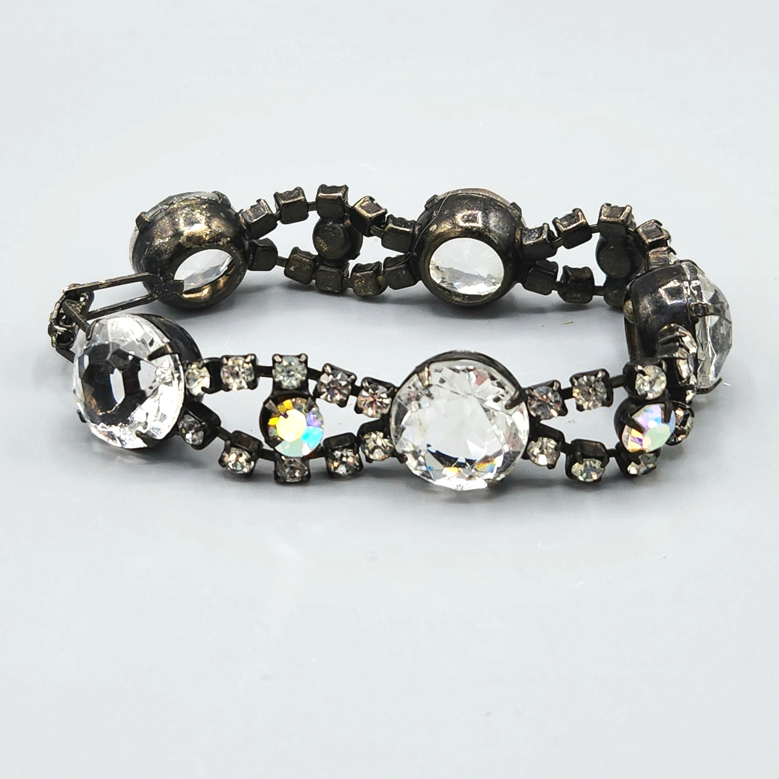 Vintage Unsigned Molded Glass and AB Chaton Rhinestone Japanned Bracelet 7”