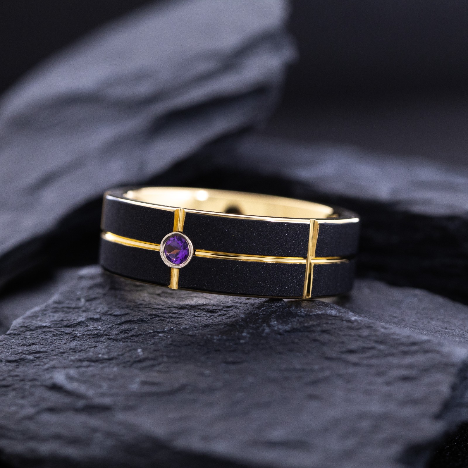 8mm Black and Yellow Gold Notched and Grooved Tungsten Ring with Custom Gemstone