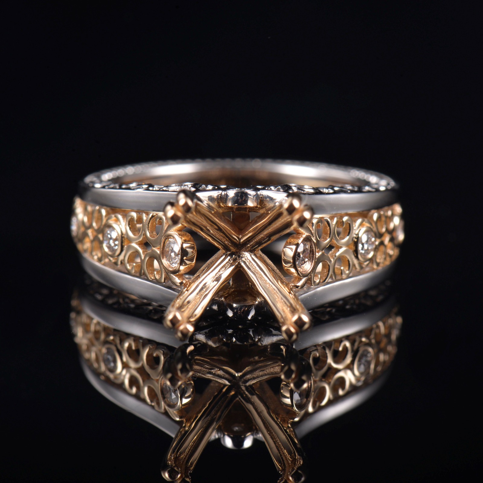 Court Style Round Cut 10mm Semi Mount Natural Diamond Band Ring 14 2-Tone Gold