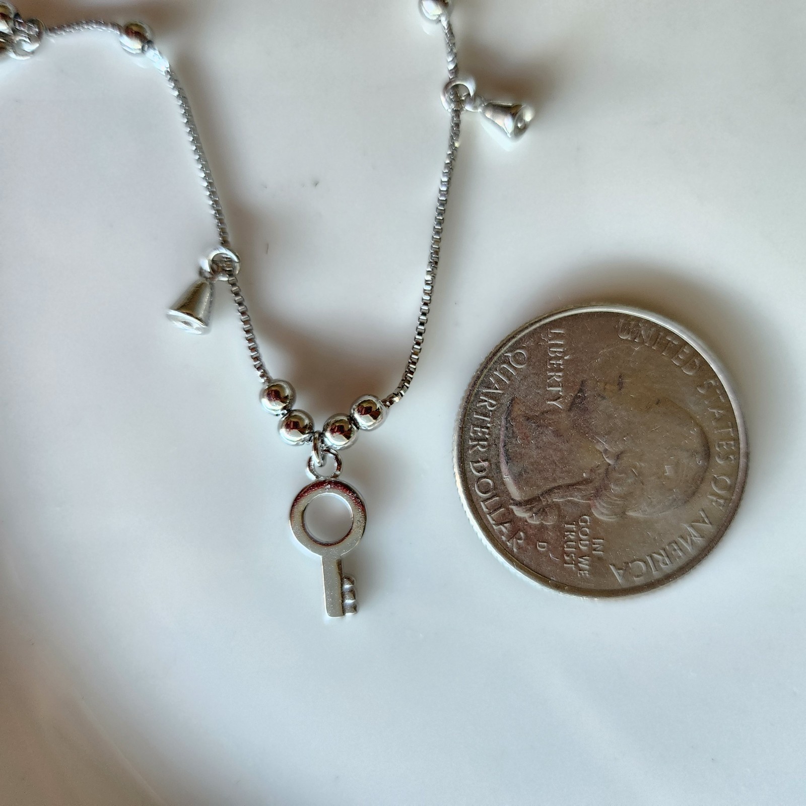 Solid 925 Sterling Silver Key Bell Box Chain Anklet 9-10” Stamp 925
